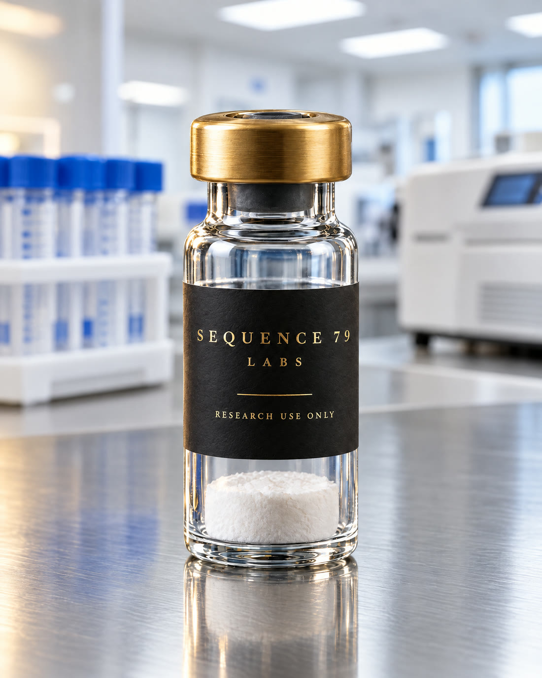 A Sequence 79 Labs vial with a brushed gold cap and a black label printed in gold: Sequence 79 Labs, Research Use Only, on a stainless steel lab bench
